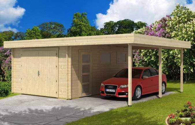 Die Holzgarage mit Carport